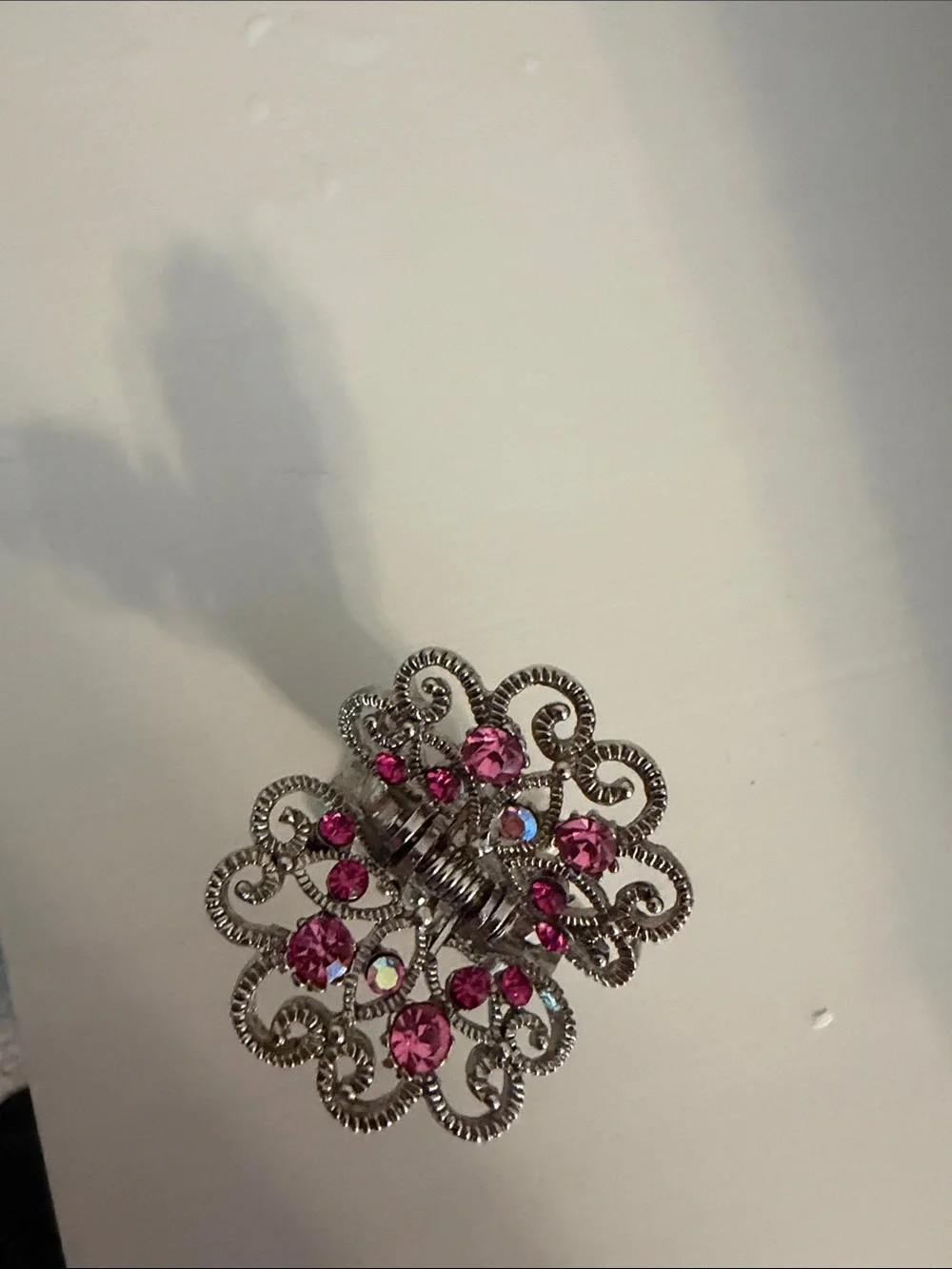 Ornate Silver-Tone Hair Clip/claw with Pink Crystal Accents. Like a butterfly.